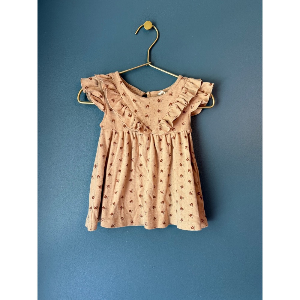 Quincy Mae Baby Girl Tan Floral Pointelle Flutter Sleeve Ruffle Top 6-12M